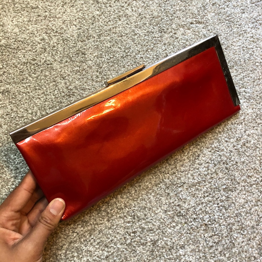 Calvin Klein Red Patient Leather Clutch w/Silver